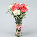 Gerberas White and Pink Carnations In Glass Vase