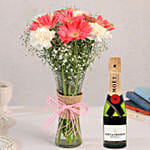 Gerberas White Carnations In Glass Vase with Moet Champagne 200ml