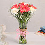 Gerberas White Carnations In Glass Vase with Teddy Bear