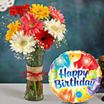 Mixed Brilliance Gerbera Vase with Birthday Balloon