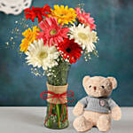 Mixed Brilliance Gerbera Vase with Teddy Bear