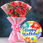 Pink Marvel Gerbera Blossoms with Birthday Balloon