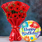Red Elegance Gerbera Blossoms with Birthday Balloon