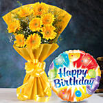 Yellow Mystique Gerbera Blossoms with Birthday Balloon