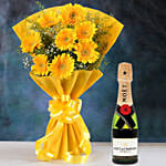 Yellow Mystique Gerbera Blossoms with Moet Champagne 200ml