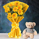 Yellow Mystique Gerbera Blossoms with Teddy Bear