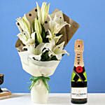 4 White Oriental Lilies Bouquet with Moet Champagne 200ml