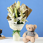 4 White Oriental Lilies Bouquet with Teddy Bear