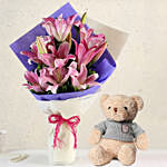 Alluring Pink Oriental Lilies Bouquet with Teddy Bear