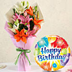 Attractive Mixed Asiatic Lilies Bunch with Birthday Balloon