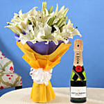 Beautiful 7 White Oriental Lilies Bouquet with Moet Champagne 200ml