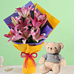 Enchanting Pink Oriental Lilies Bouquet with Teddy Bear