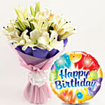 Lovely White Oriental Lilies Bouquet with Birthday Balloon