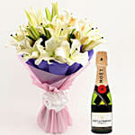 Lovely White Oriental Lilies Bouquet with Moet Champagne 200ml
