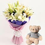 Lovely White Oriental Lilies Bouquet with Teddy Bear