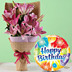 Oriental Pink Lilies Bunch with Birthday Balloon