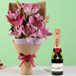 Oriental Pink Lilies Bunch with Moet Champagne 200ml