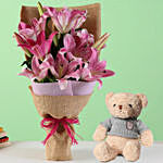 Oriental Pink Lilies Bunch with Teddy Bear