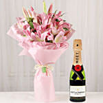 Passionate Oriental Pink Lilies with Moet Champagne 200ml