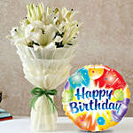 Serene White Oriental Lilies Bouquet with Birthday Balloon
