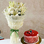 Serene White Oriental Lilies Bouquet with Mini Cheese Cake