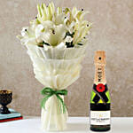 Serene White Oriental Lilies Bouquet with Moet Champagne 200ml