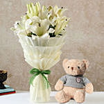 Serene White Oriental Lilies Bouquet with Teddy Bear