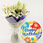 White Oriental Lilies Bouquet with Birthday Balloon