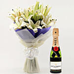White Oriental Lilies Bouquet with Moet Champagne 200ml