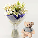 White Oriental Lilies Bouquet with Teddy Bear