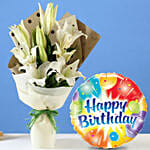 4 White Oriental Lilies Bouquet with Birthday Balloon