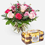 Elegant Mixed Roses Fishbowl Vase Arrangement with Ferrero Rocher