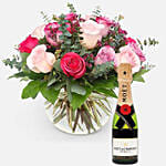 Elegant Mixed Roses Fishbowl Vase Arrangement with Moet Champagne 200ml
