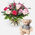 Elegant Mixed Roses Fishbowl Vase Arrangement with Teddy Bear