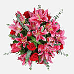 Mixed Roses Stargazer Lilies Glass Vase Arrangement