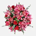 Mixed Roses Stargazer Lilies Glass Vase Arrangement