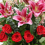 Mixed Roses Stargazer Lilies Glass Vase Arrangement