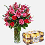 Mixed Roses Stargazer Lilies Glass Vase Arrangement with Ferrero Rocher