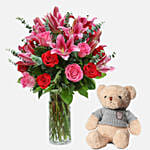 Mixed Roses Stargazer Lilies Glass Vase Arrangement with Teddy Bear