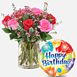 Red Pink Roses Cylindrical Vase Arrangement with Birthday Balloon