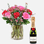 Red Pink Roses Cylindrical Vase Arrangement with Moet Champagne 200ml