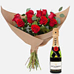 Romantic 12 Roses Bouquet with Moet Champagne 200ml