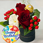 Box Of Roses With Rocher & Happy Birthday Balloon
