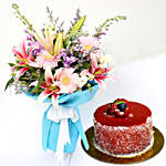 Attractive Gerberas And Lavender Flower Bouquet with Cake