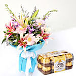 Attractive Gerberas And Lavender Flower Bouquet with Ferrero Rocher