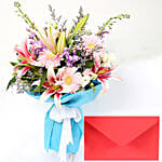 Attractive Gerberas And Lavender Flower Bouquet with Greeting Card