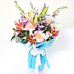 Attractive Gerberas And Lavender Flower Bouquet with Greeting Card