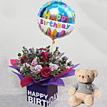 Birthday Flower Arrangement With Teddy Bear
