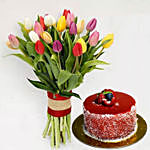 Twenty Five Vibrant Tulips Bunch with Cake