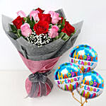 Pink and Red Roses With Birthday Balloons